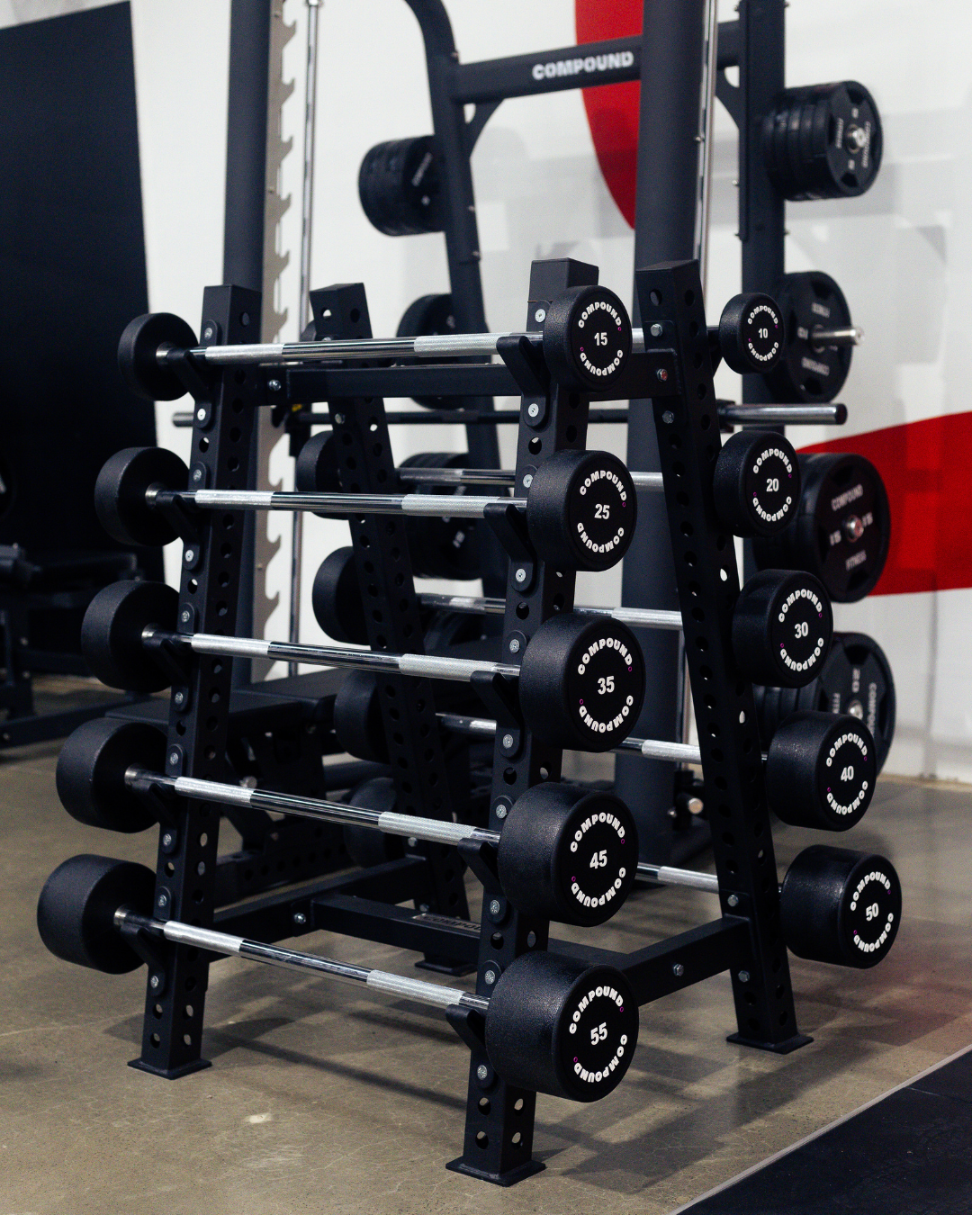 Fixed PU Straight Barbell 10kg to 55kg - Storage Tower Included - Side View - Compound Fitness Equipment