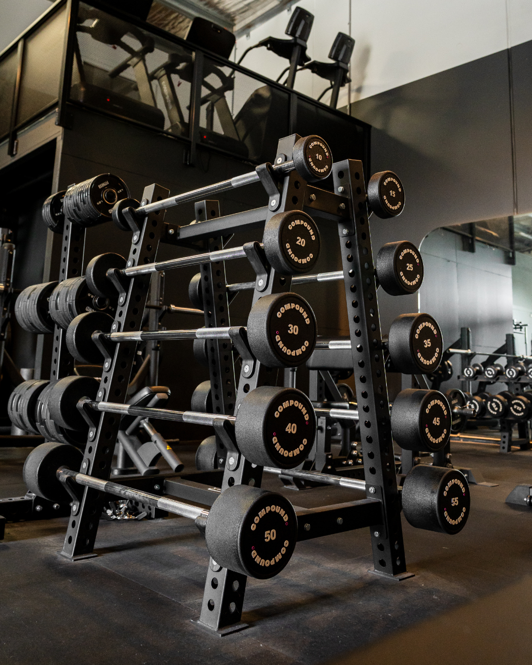 Fixed PU Straight Barbell 10kg to 55kg - Storage Tower Included - Detail View - Compound Fitness Equipment